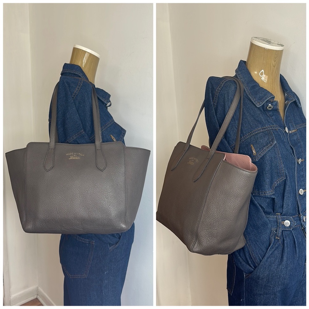 GUCCI Taupe/Pink Pebbled Calfskin Leather Medium Swing Tote Bag